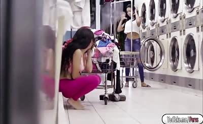 Pretty babe Annika gets fucked in the laundry shop