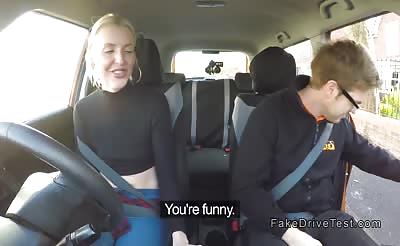 After driving class blonde fucks in car