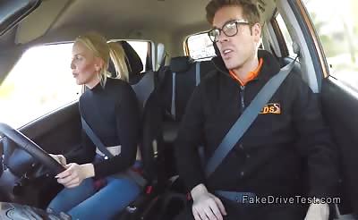 Nasty blonde fucks instructor in his car