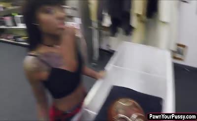 Petite ebony babe Lexxi fucked hard by the pawnshop owner