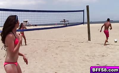 Beach volleyball babes hot orgy with two studs