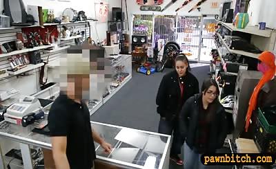 Couple sluts tried to steal and fucked by pawn keeper
