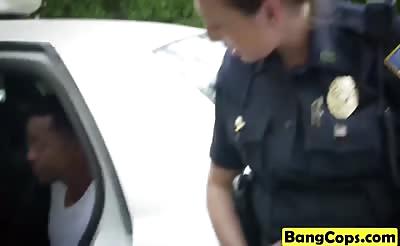 Public interracial FFM threesome with busty white officers