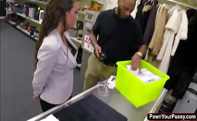 Sexy brunette lady getting fuck in the pawnshop for a laptop