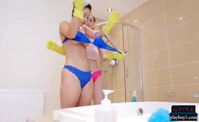 Bath tub cleaning leads to steaming hot lesbian sex