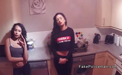 Fake cop bangs two brunette roomies