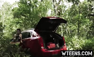 Horny teen in the woods get fucked