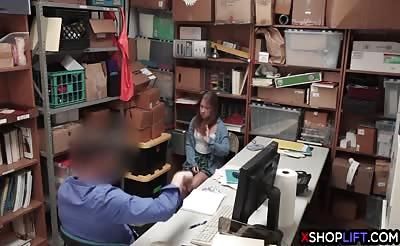 Chubby teen caught stealing and fucked by a security guy