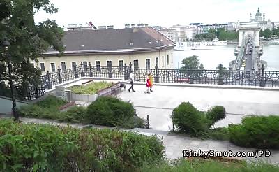 Slave in red dress disgraced in bar