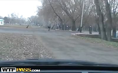 Redhead student sucks on the banks of the river for all to see